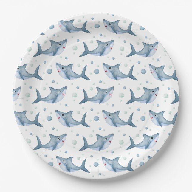 Whimsical White Sharks and Bubbles Paper Plates (Front)