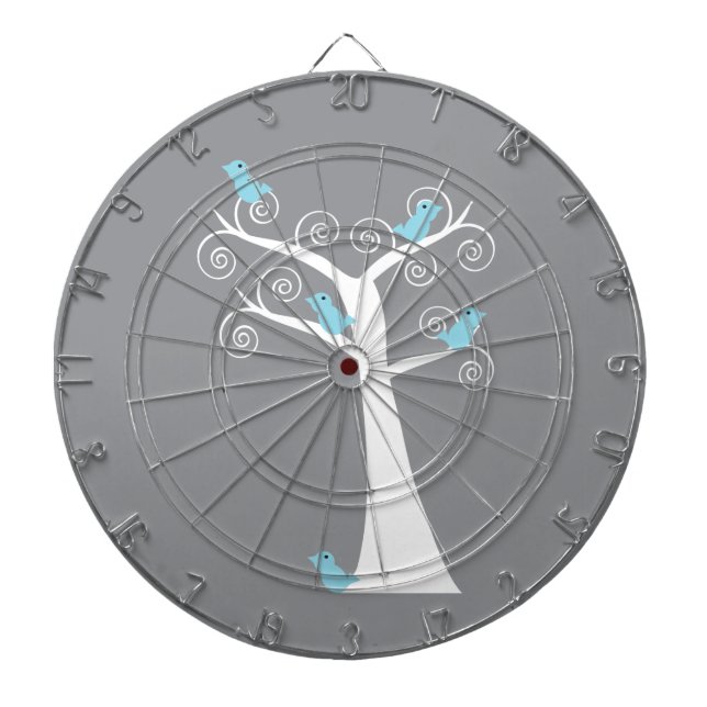 Whimsical White Spiral Tree with Blue Birds Dartboard (Front)