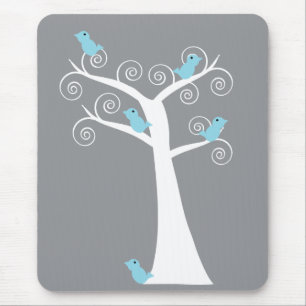 Whimsical White Spiral Tree with Blue Birds Grey Mouse Pad