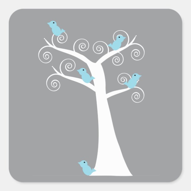 Whimsical White Spiral Tree with Blue Birds  Square Sticker (Front)