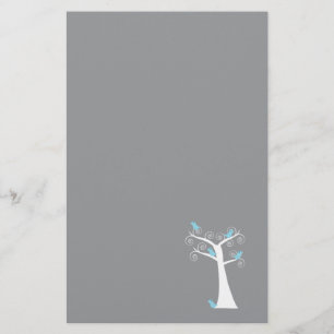 Whimsical White Spiral Tree with Blue Birds Stationery