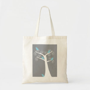 Whimsical White Spiral Tree with Blue Birds Tote Bag