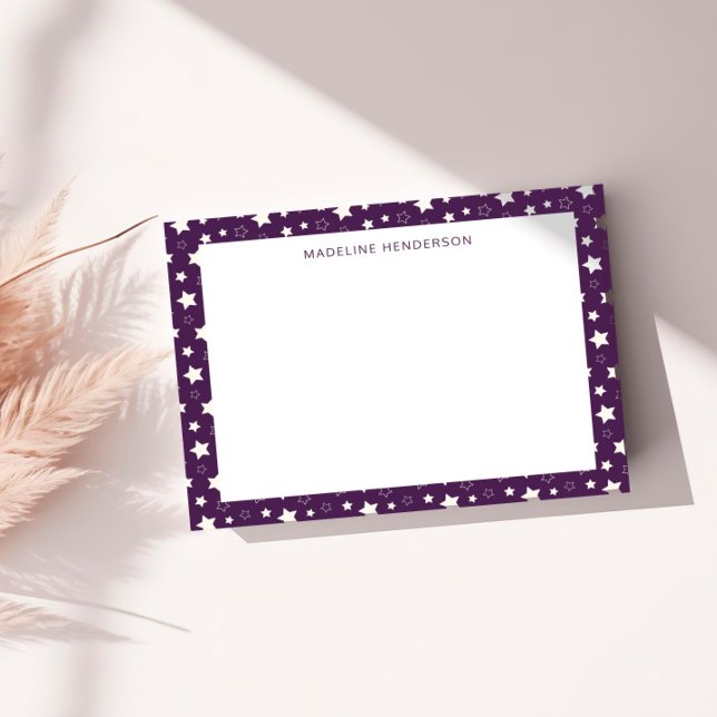 Whimsical White Stars Plum Purple Monogram Card (Creator Uploaded)