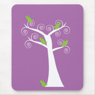 Whimsical White Tree & Green Birds Art Mouse Pad