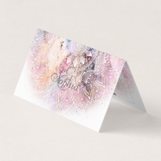 Whimsical white watercolor mandala design business card (Front)