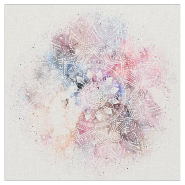 Whimsical white watercolor mandala design fabric (Close Up)