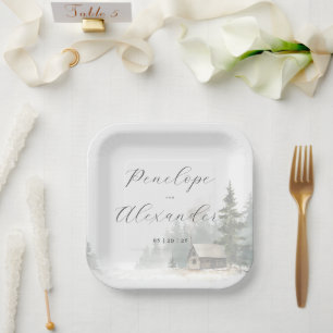 Whimsical White Winter Cabin Paper Plate