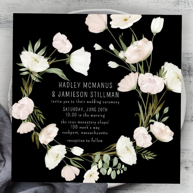 Whimsical Wildflower Black White Wedding Invitation (Creator Uploaded)