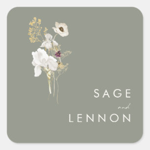 Whimsical Wildflower Bouquet   Sage Green Envelope Square Sticker