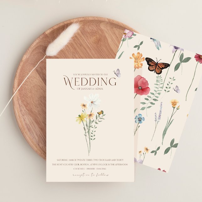Whimsical Wildflower Butterfly Garden Wedding Invitation (Whimsical Daisy Yellow Wildflowers Wedding Invitation)