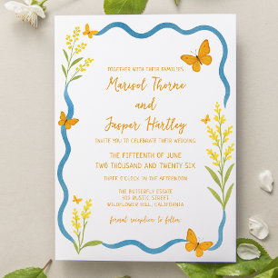 Whimsical Wildflower Butterfly Hand Drawn Wedding Invitation