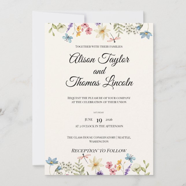 Whimsical Wildflower & Butterfly Wedding Invitation (Front)