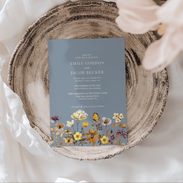 Whimsical Wildflower Dusty Blue Boho Wedding Invitation (Creator Uploaded)