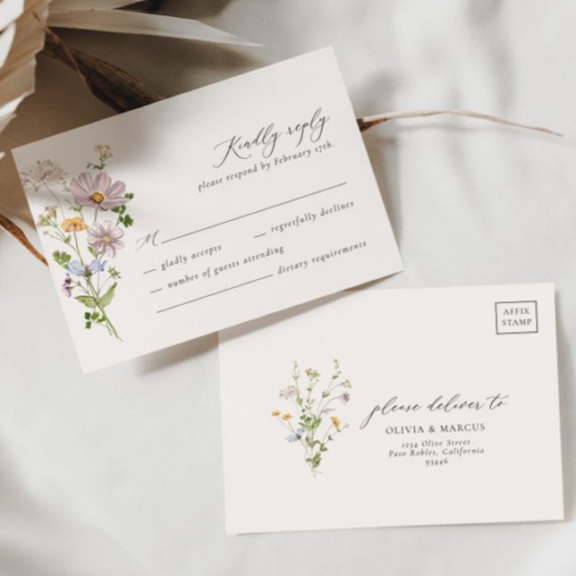 Whimsical Wildflower Elegant Wedding RSVP Card (RSVP Card Front/Back)