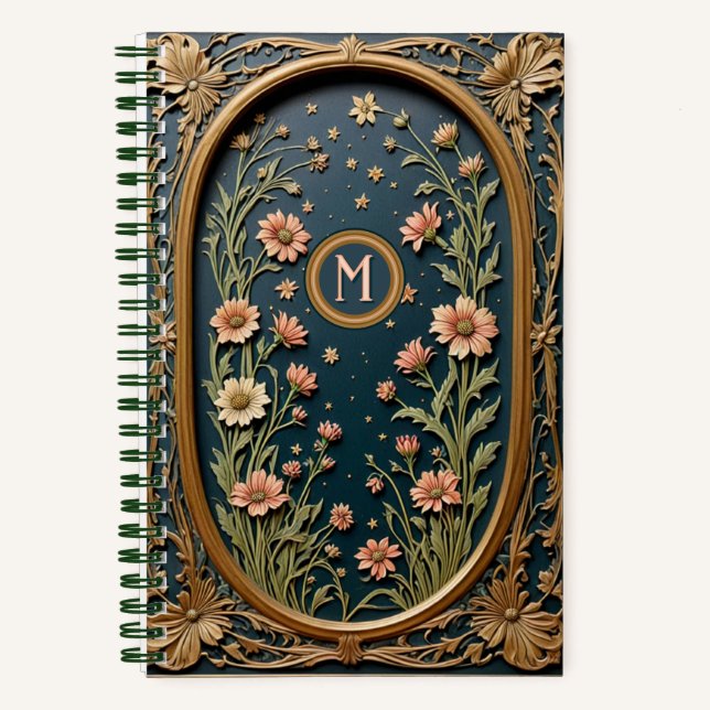 Whimsical Wildflower Evening Art Nouveau Monogram Notebook (Front)