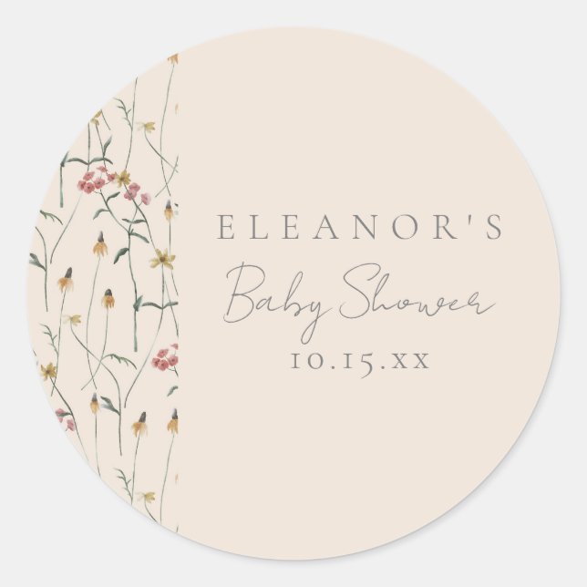 Whimsical Wildflower Floral Custom Baby Shower Classic Round Sticker (Front)