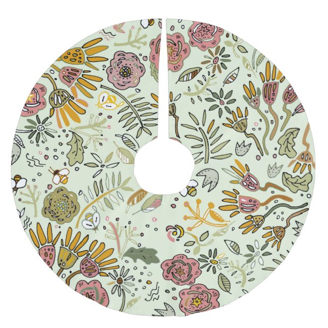 Whimsical Wildflower Garden & Bumblebee Pattern Brushed Polyester Tree Skirt (Front)