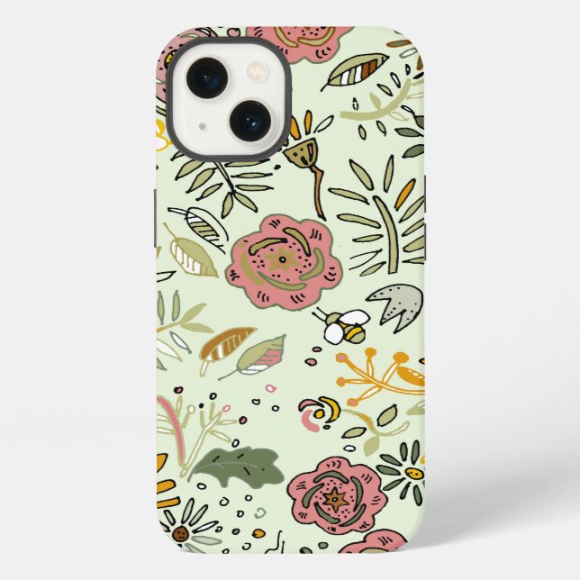 Whimsical Wildflower Garden & Bumblebee Pattern iPhone Case (Back)