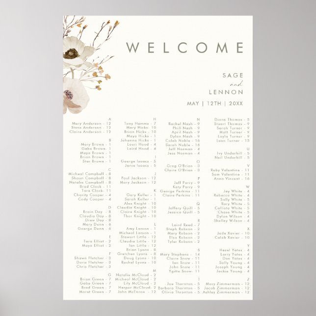 Whimsical Wildflower | Ivory Alphabetical Seating Poster (Front)