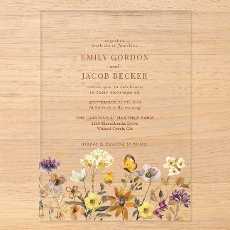 Whimsical Wildflower Ivory Cream Boho Wedding Acrylic Invitations