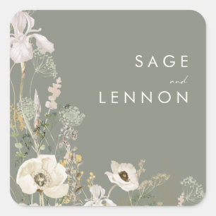 Whimsical Wildflower Meadow Sage Green Envelope Square Sticker
