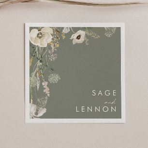 Whimsical Wildflower Meadow   Sage Green Wedding Napkin