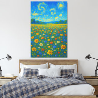 Whimsical Wildflower Meadow Under a Swirling Sky Canvas Print