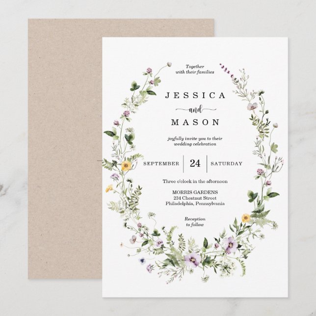 Whimsical Wildflower Rustic Wedding Invitation  (Front/Back)
