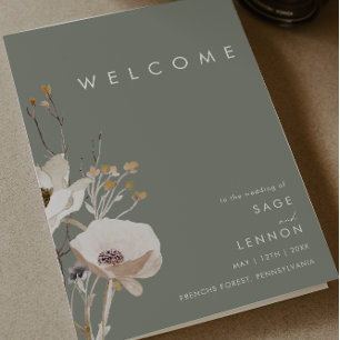 Whimsical Wildflower Sage Folded Wedding Program Programme