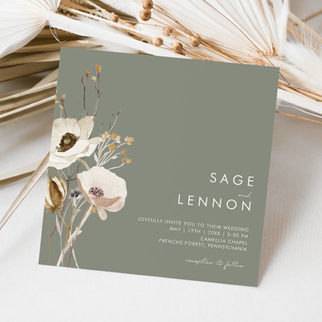 Whimsical Wildflower | Sage Green Square Wedding Invitation (Creator Uploaded)