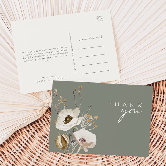 Whimsical Wildflower | Sage Green Thank You Postcard (Creator Uploaded)