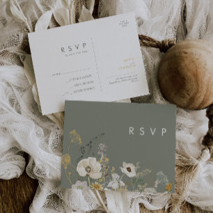 Whimsical Wildflower Sage Green Wedding RSVP Postcard