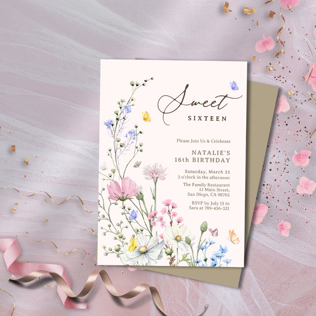 Whimsical Wildflower Sweet Sixteen Script Birthday Invitation (Whimsical Wildflower Sweet Sixteen Script Birthday Invitation)