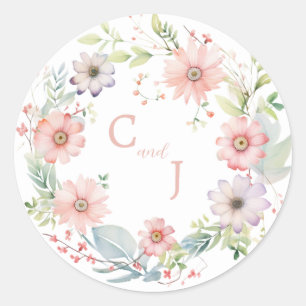 Whimsical Wildflower Watercolor Design Wedding Classic Round Sticker