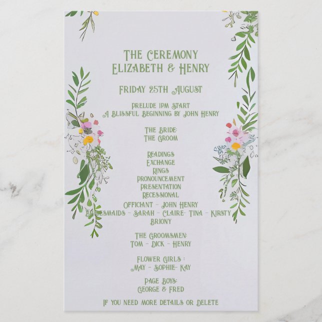 Whimsical Wildflower Wedding Ceremony Invitation Stationery (Front)