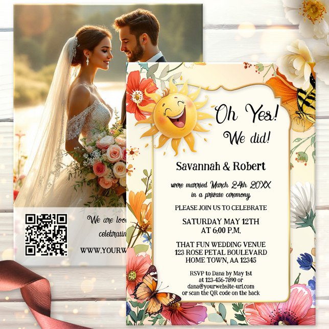 Whimsical Wildflower Wedding Reception Photo Invitation (After wedding invitation features a laughing sun on a watercolor wildflower design. With photo + QR)