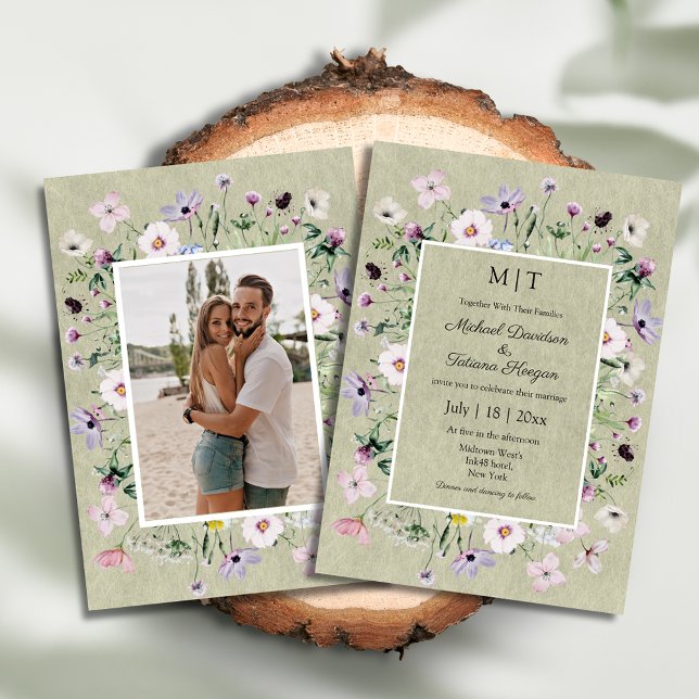 whimsical wildflowers green kraft photo wedding  invitation (Creator Uploaded)