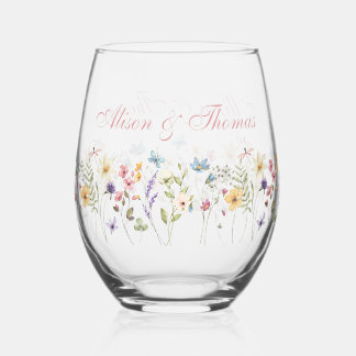 Whimsical Wildflowers Meadow Wedding Stemless Wine Glass