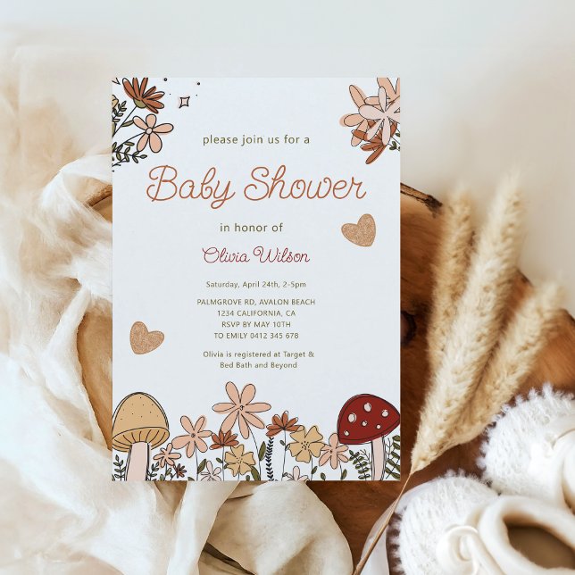 Whimsical Wildflowers Mushroom Baby Shower Invitation (Whimsical Rustic cottagecore Wildflowers Mushroom Baby Shower invitation)