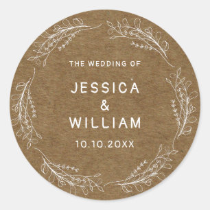 Whimsical Wildflowers Wedding Birthday Faux Kraft Classic Round Sticker
