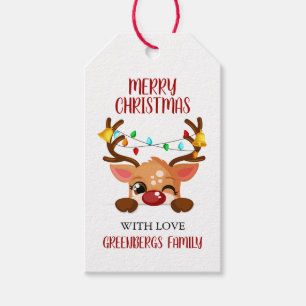 Whimsical Winking Reindeer with Christmas Lights Gift Tags