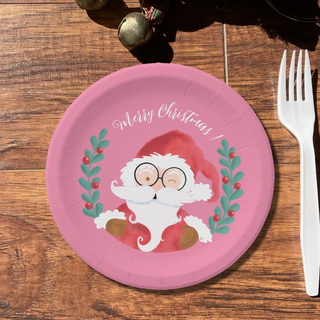 Whimsical Winking Santa Pink Christmas Paper Plate (Creator Uploaded)