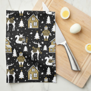 Whimsical Winter Animal Town Tea Towel
