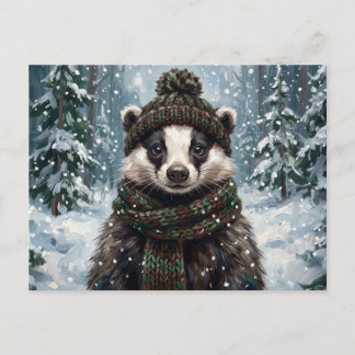 Whimsical Winter Badger Art Holiday Postcard