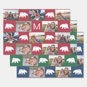 Whimsical Winter Bears Monogram Photo Collage Wrapping Paper Sheet
