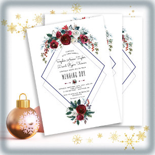 Whimsical Winter Burgundy Floral Pine Wedding Invitation