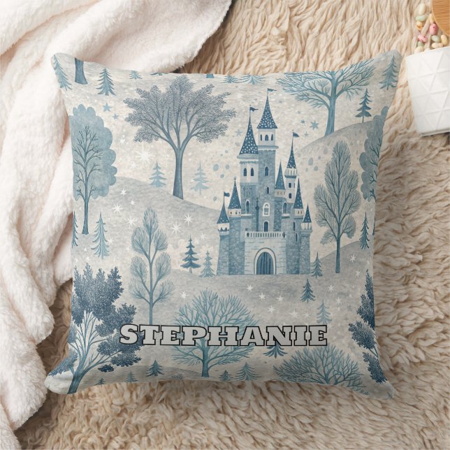 Whimsical Winter Castle Landscape in Blue & Grey Cushion (Blanket)
