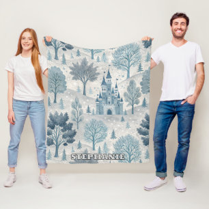 Whimsical Winter Castle Landscape in Blue & Grey Fleece Blanket