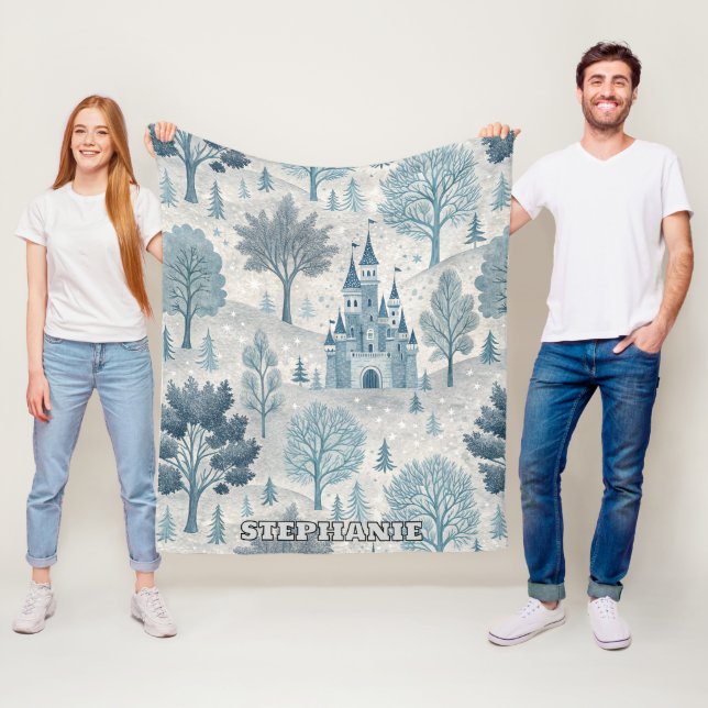 Whimsical Winter Castle Landscape in Blue & Grey Fleece Blanket (In Situ)