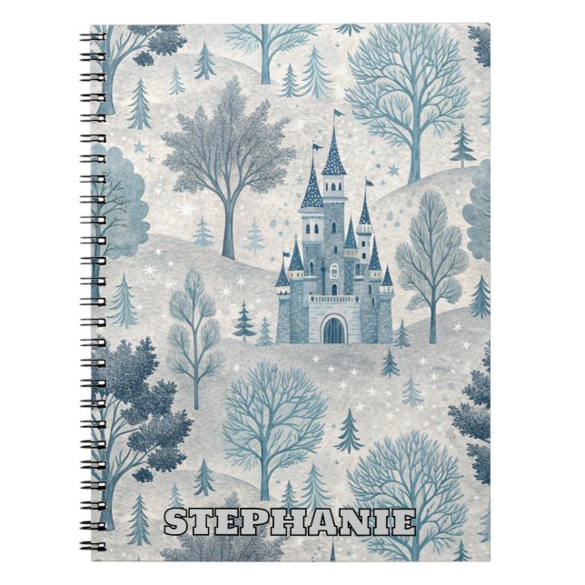 Whimsical Winter Castle Landscape in Blue & Grey Notebook (Front)